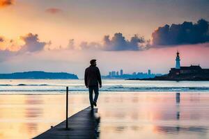 ein Mann Gehen auf ein Seebrücke beim Sonnenuntergang. KI-generiert foto