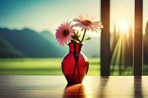 ein rot Vase mit Blumen auf ein Tabelle im Vorderseite von ein Fenster. KI-generiert foto