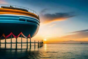 das Schiff ist angedockt beim das Dock beim Sonnenuntergang. KI-generiert foto