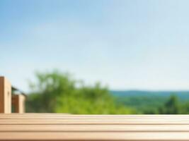 kostenlos Prämie hölzern Terrasse Holz Tischplatten erheben Ihre draussen Raum, generativ ai foto