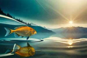 ein Fisch Schwimmen im das Wasser mit das Sonne im das Hintergrund. KI-generiert foto