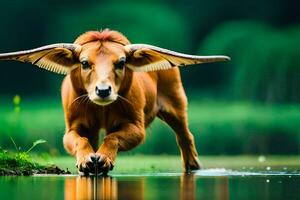 ein Kuh Gehen über ein Teich im das Gras. KI-generiert foto