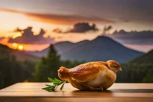 ein Hähnchen ist Sitzung auf ein Tabelle mit ein Sonnenuntergang im das Hintergrund. KI-generiert foto