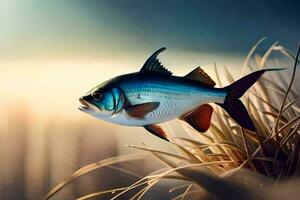 ein Fisch ist Schwimmen im das Gras. KI-generiert foto