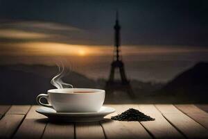 ein Tasse von Kaffee und das Eiffel Turm, Paris, Europa, Kaffee,. KI-generiert foto