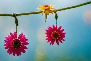 zwei Rosa Blumen hängend von ein Ast. KI-generiert foto