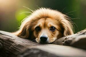 ein Hund mit lange Haar Verlegung auf ein Protokoll. KI-generiert foto