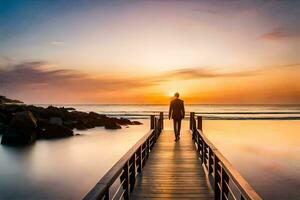 ein Mann Stehen auf ein Seebrücke beim Sonnenuntergang. KI-generiert foto