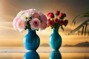 zwei Blau Vasen mit Rosa Blumen auf ein Tisch. KI-generiert foto