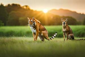 zwei Tiger sind Stehen im das Gras beim Sonnenuntergang. KI-generiert foto