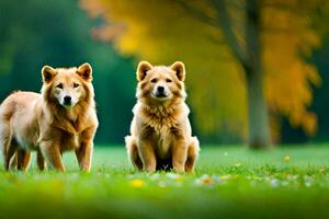 zwei Hunde Sitzung auf das Gras im Vorderseite von Bäume. KI-generiert foto