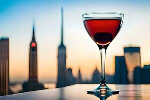 ein Glas von rot Wein auf ein Tabelle im Vorderseite von ein Stadt Horizont. KI-generiert foto