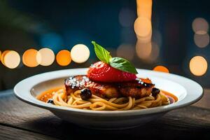 ein Teller von Spaghetti mit Fleisch und ein Erdbeere. KI-generiert foto