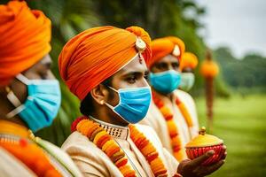 indisch Männer tragen Masken und Orange Turbane. KI-generiert foto