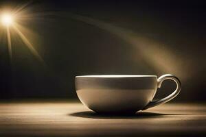 ein Kaffee Tasse auf ein Tabelle im Vorderseite von ein hell Licht. KI-generiert foto