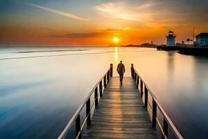 ein Person Gehen auf ein Seebrücke beim Sonnenuntergang. KI-generiert foto