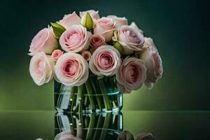 ein Vase gefüllt mit Rosa Rosen ist auf ein Tisch. KI-generiert foto