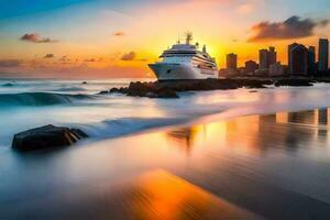 ein Kreuzfahrt Schiff im das Ozean beim Sonnenuntergang. KI-generiert foto