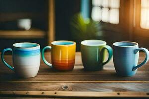 fünf bunt Kaffee Tassen auf ein hölzern Tisch. KI-generiert foto