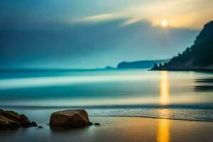 ein Strand mit Felsen und Wasser beim Sonnenuntergang. KI-generiert foto