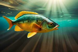 ein Fisch Schwimmen im das Wasser mit Sonnenlicht leuchtenden. KI-generiert foto