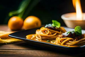 Spaghetti mit Fleisch und Gemüse auf ein schwarz Platte. KI-generiert foto