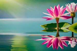 zwei Rosa Lotus Blumen sind reflektiert im das Wasser. KI-generiert foto