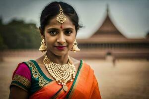 ein Frau im ein Orange Sari mit Gold Schmuck. KI-generiert foto