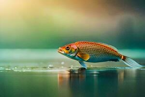 ein Fisch ist Stehen auf das Wasser mit ein Grün Hintergrund. KI-generiert foto