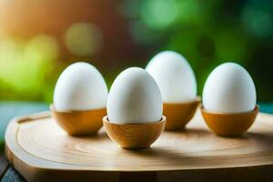 fünf Eier im hölzern Ei Tassen auf ein hölzern Tisch. KI-generiert foto