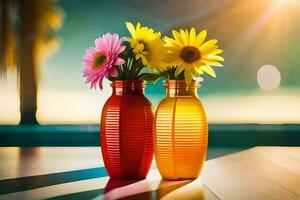 zwei bunt Vasen mit Blumen auf ein Tisch. KI-generiert foto