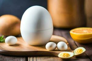 Eier und Orangen auf ein hölzern Schneiden Tafel. KI-generiert foto