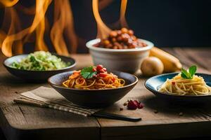 Spaghetti, Pasta und andere Geschirr auf ein Tabelle mit Feuer. KI-generiert foto