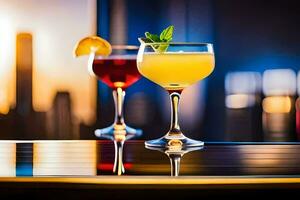 zwei Cocktails sitzen auf ein Bar mit ein Stadt Horizont im das Hintergrund. KI-generiert foto