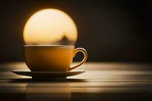 ein Tasse von Kaffee auf ein Tabelle im Vorderseite von ein Sonne. KI-generiert foto