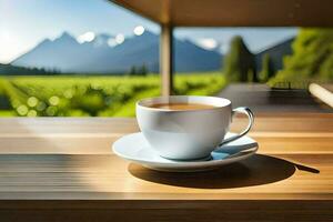 ein Tasse von Kaffee auf ein hölzern Tabelle im Vorderseite von ein Aussicht von Berge. KI-generiert foto