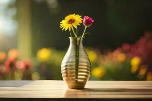 ein Vase mit zwei Gelb Blumen Sitzung auf ein Tisch. KI-generiert foto