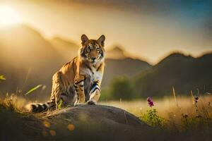 Foto Hintergrund das Himmel, Berge, Tiere, das Sonne, das Tiger, das Tiger, Die. KI-generiert