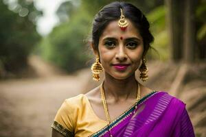 ein Frau im ein Sari posiert zum ein Porträt. KI-generiert foto