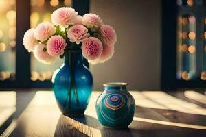 Rosa Blumen im ein Blau Vase auf ein hölzern Tisch. KI-generiert foto