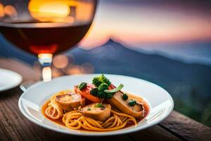 ein Teller von Spaghetti mit Fleisch und Gemüse ist serviert mit ein Glas von Wein auf ein Tabelle In. KI-generiert foto