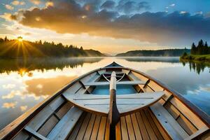 ein Boot auf das Wasser beim Sonnenuntergang. KI-generiert foto