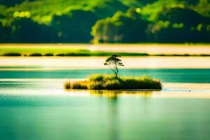 ein einsam Baum auf ein Insel im das Mitte von ein See. KI-generiert foto