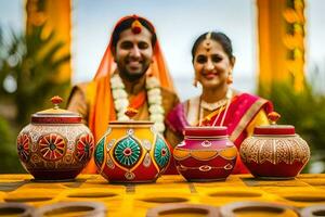 das Hochzeit Paar ist gekleidet im traditionell indisch Kleidung. KI-generiert foto