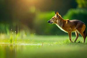 ein klein Hund Stehen im das Gras in der Nähe von ein Teich. KI-generiert foto