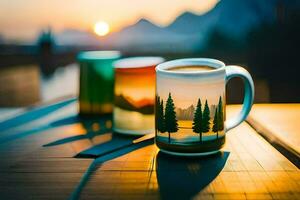 ein Kaffee Tasse mit ein Berg Sicht. KI-generiert foto