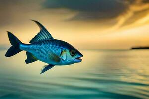 ein Fisch ist Schwimmen im das Ozean beim Sonnenuntergang. KI-generiert foto