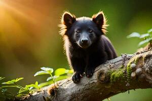 ein schwarz Bär Jungtier Sitzung auf ein Baum Ast. KI-generiert foto