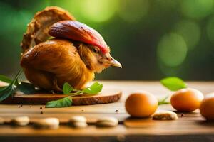 ein Hähnchen mit ein rot Hut auf es und Eier. KI-generiert foto