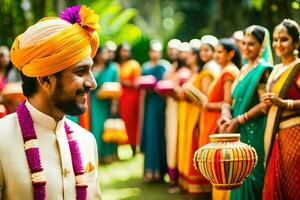 ein Mann im ein Turban und ein Frau im ein bunt Kleid. KI-generiert foto